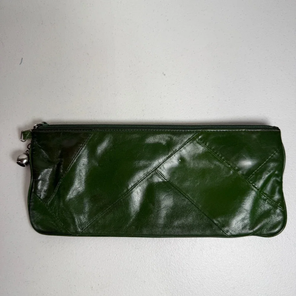Boho Green Genuine Leather Patchwork Zip Clutch Wallet Slim Bell Charm